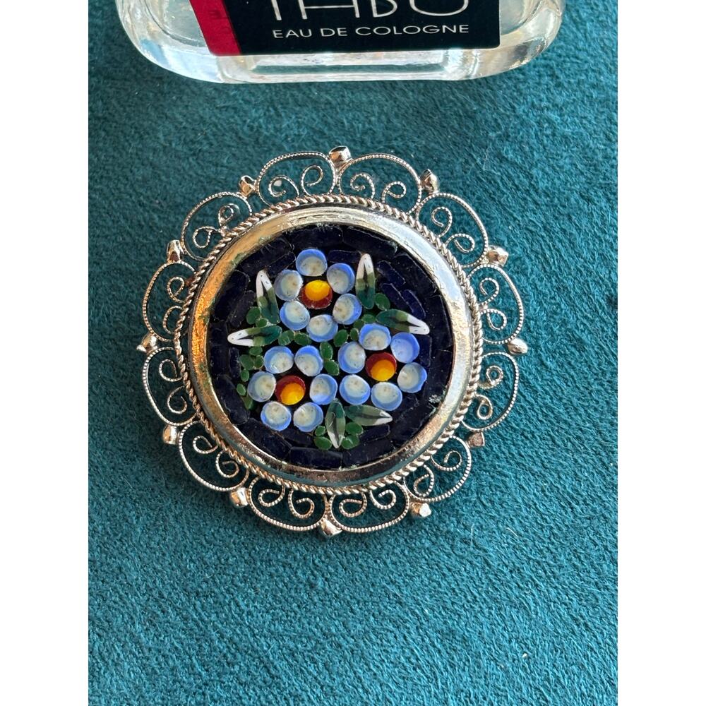 Vintage Micro Mosaic Italian Round Glass Bead Flower BROOCH